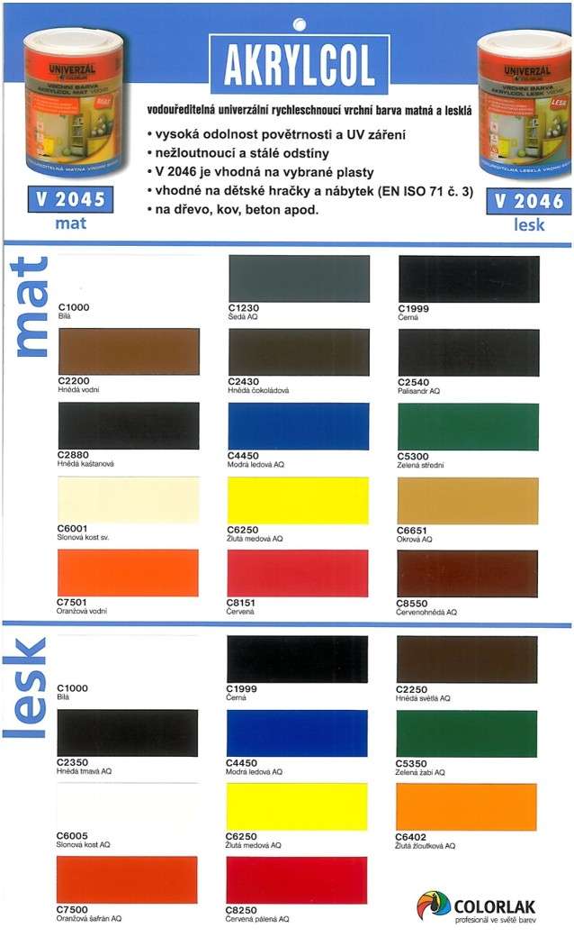 Colorlak Akrylcol mat V 2045 * Vodouředitelná matná rychleschnoucí vrchní barva. 2