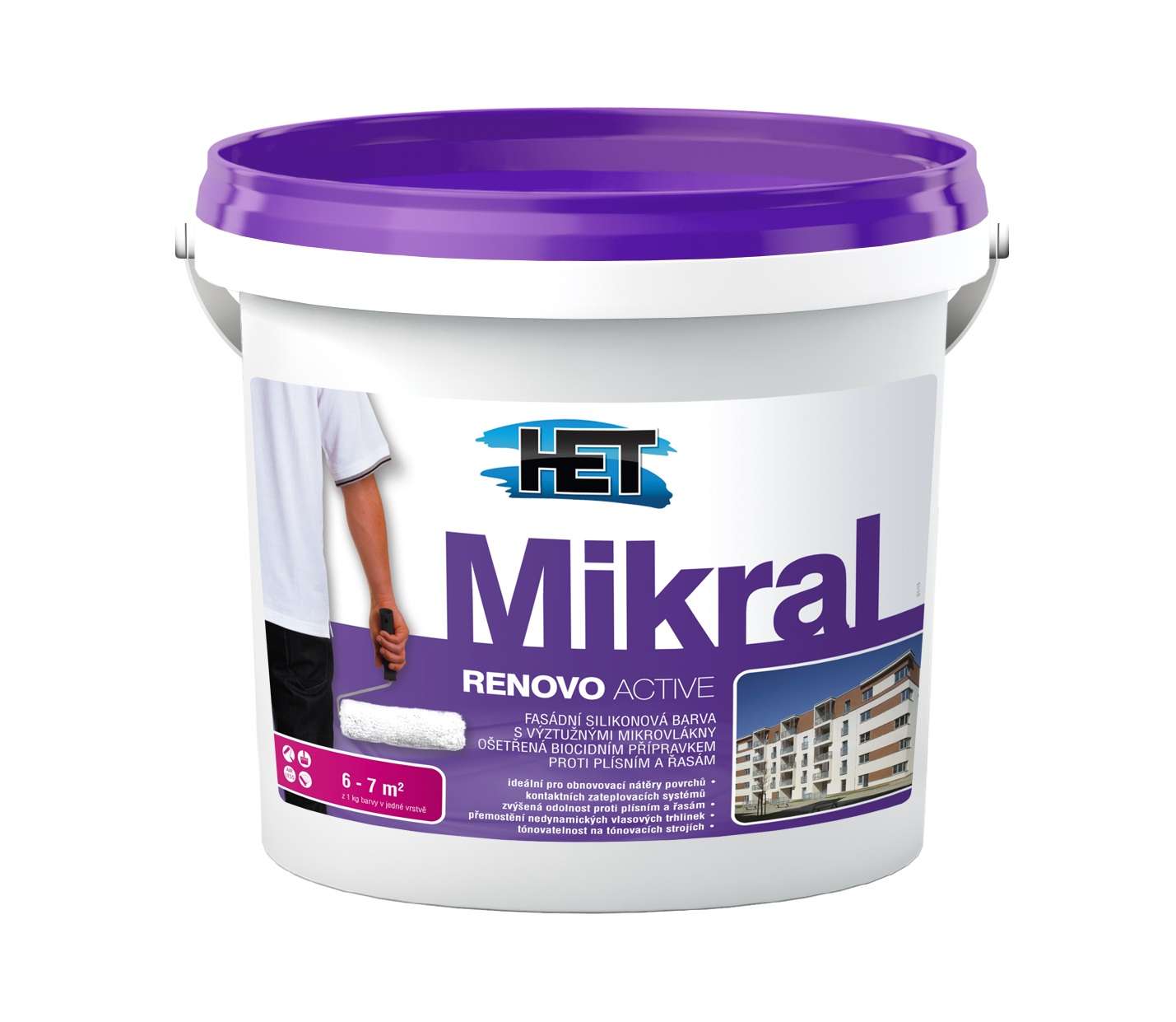 Het Mikral Renovo Active * Fasádní silikonová barva s výstužnými mikrovlákny ošetřená biocidním přípravkem. 1