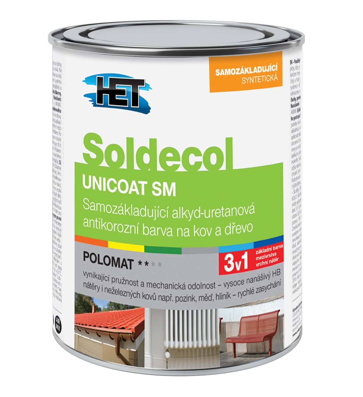 Het Báze Soldecol Unicoat SM * Samozákladující alkyd-uretanová polomatná antikorozní barva na kov a dřevo. 1