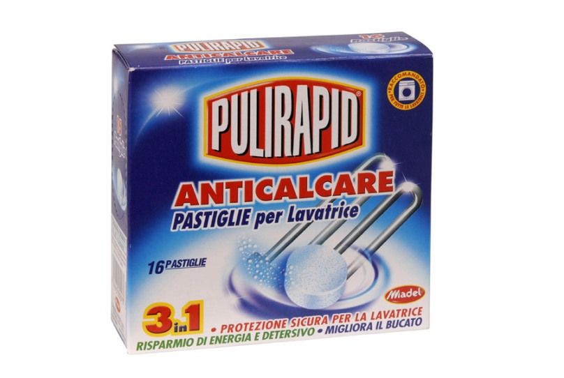 Pulirapid Anticalcare 16 tablet * Prostředek na praní a proti vodnímu kameni v pračce. Pulirapid Anticalcare 16 tablet * Prostředek na praní a proti vodnímu kameni v pračce.